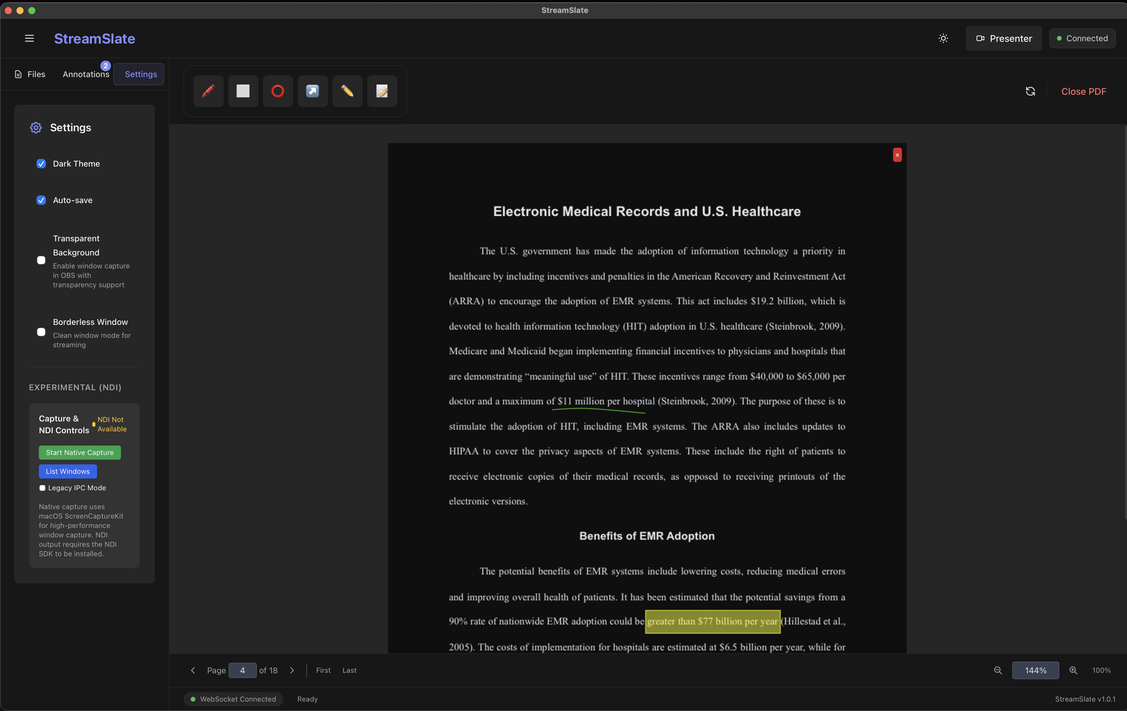 StreamSlate presenter mode showing a clean interface with minimal chrome
